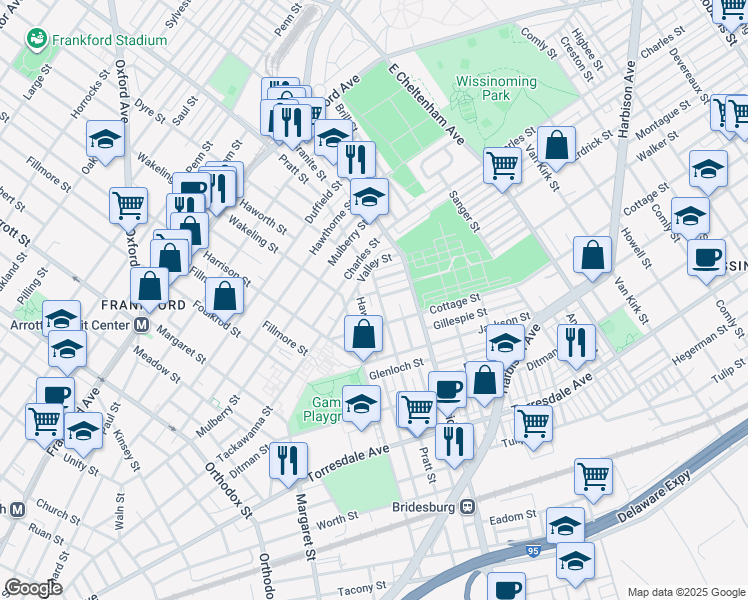map of restaurants, bars, coffee shops, grocery stores, and more near 1894 Pratt Street in Philadelphia