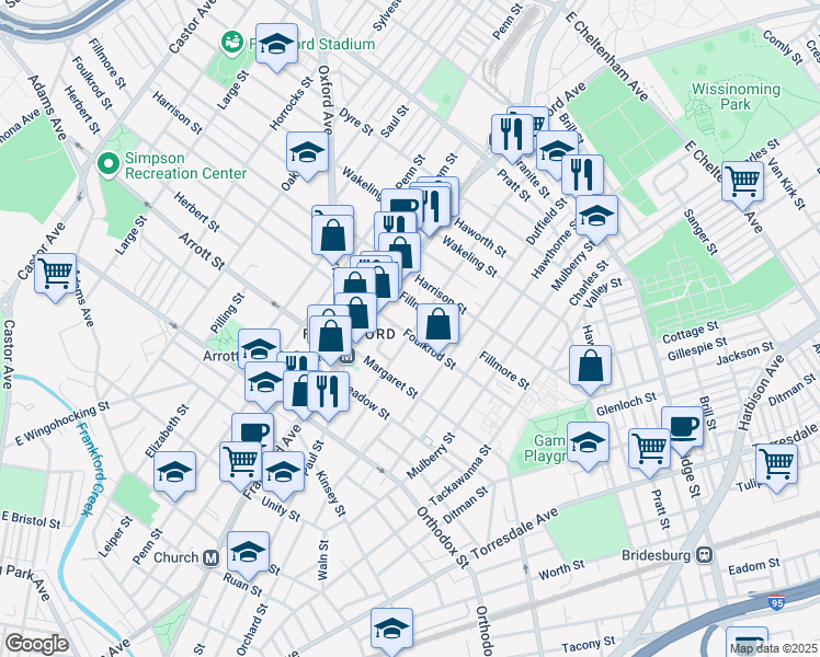map of restaurants, bars, coffee shops, grocery stores, and more near 1645 Foulkrod Street in Philadelphia