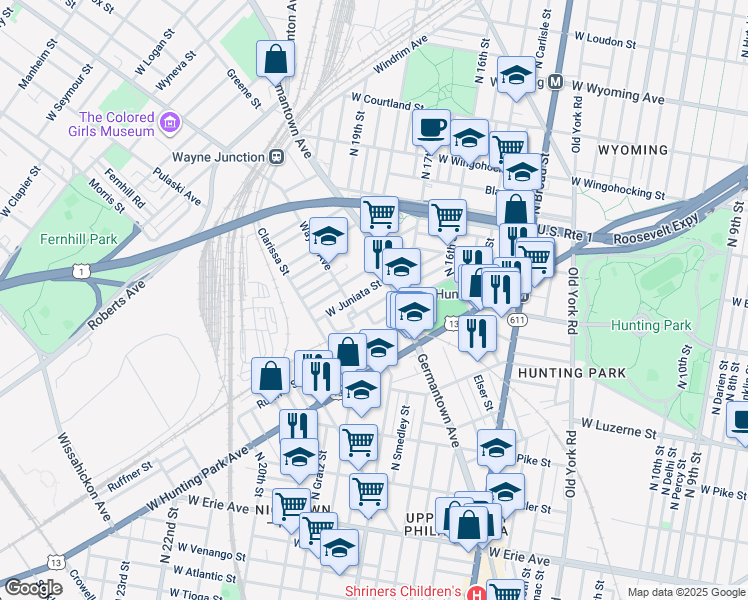 map of restaurants, bars, coffee shops, grocery stores, and more near 1717 Dounton Street in Philadelphia