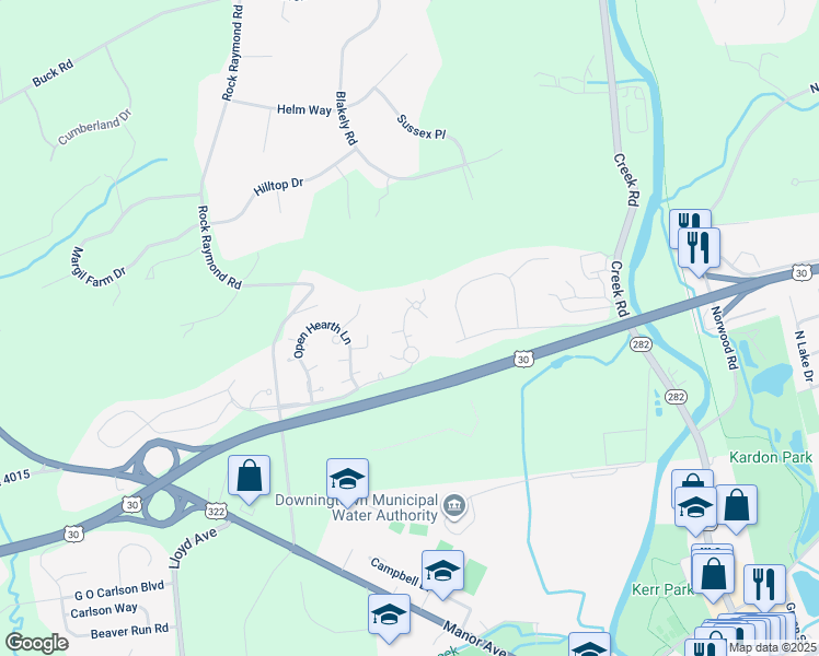 map of restaurants, bars, coffee shops, grocery stores, and more near 4002 Andiron Trail in Downingtown