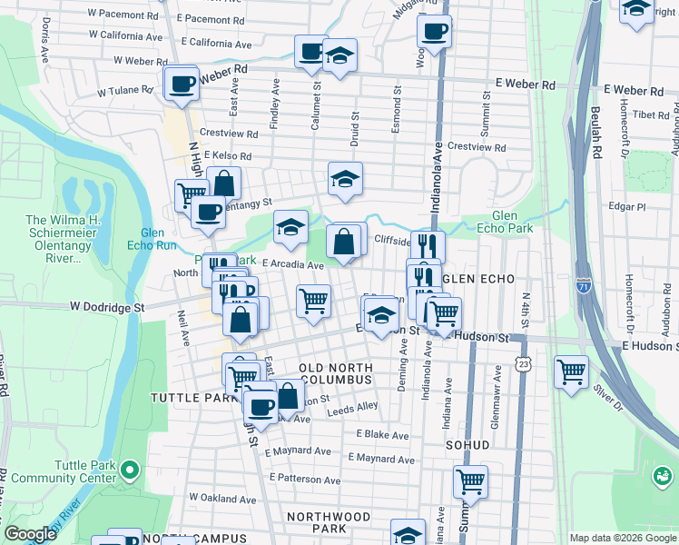 map of restaurants, bars, coffee shops, grocery stores, and more near 201 East Arcadia Avenue in Columbus
