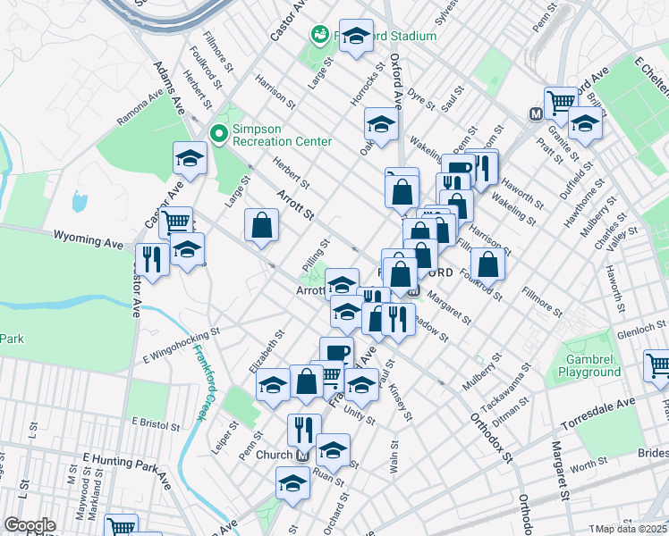 map of restaurants, bars, coffee shops, grocery stores, and more near 4643 Leiper Street in Philadelphia