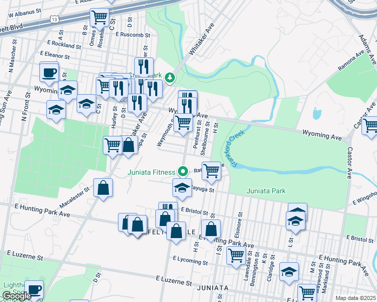 map of restaurants, bars, coffee shops, grocery stores, and more near 4559 G Street in Philadelphia