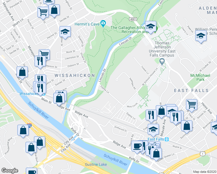 map of restaurants, bars, coffee shops, grocery stores, and more near 4111 Gypsy Lane in Philadelphia