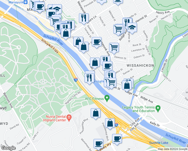 map of restaurants, bars, coffee shops, grocery stores, and more near 3742 Main Street in Philadelphia