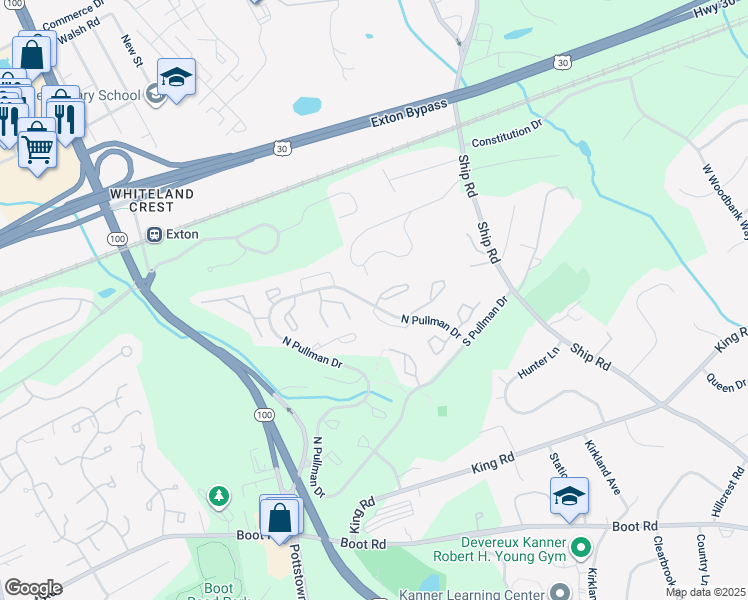 map of restaurants, bars, coffee shops, grocery stores, and more near 727 Chessie Court in West Chester