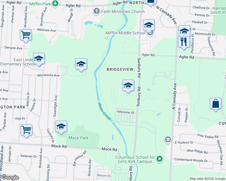 map of restaurants, bars, coffee shops, grocery stores, and more near 2303 Doneen Drive in Columbus