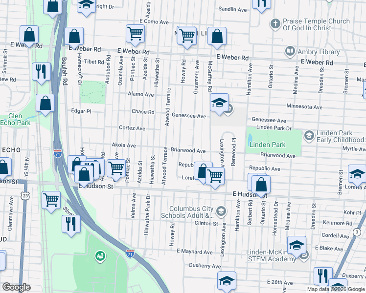 map of restaurants, bars, coffee shops, grocery stores, and more near 2531 Howey Road in Columbus