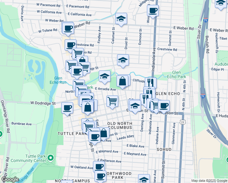 map of restaurants, bars, coffee shops, grocery stores, and more near 2658-2660 Adams Avenue in Columbus