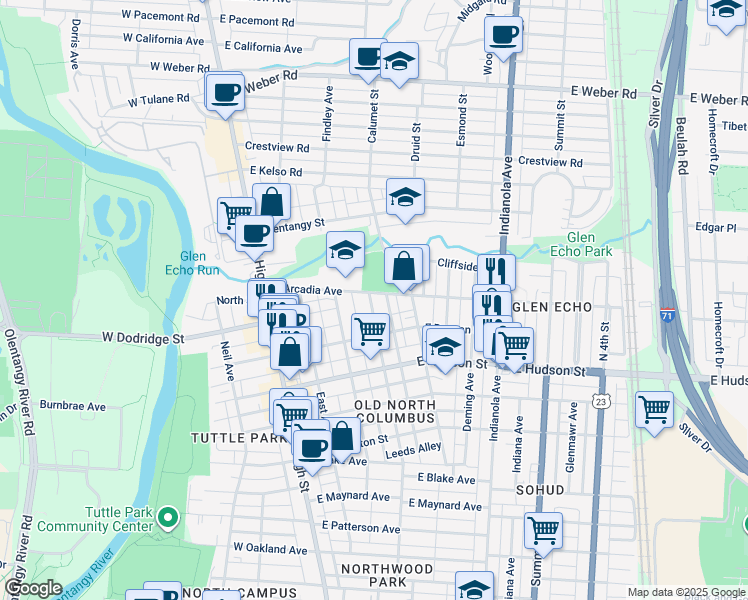 map of restaurants, bars, coffee shops, grocery stores, and more near 2658-2660 Adams Avenue in Columbus