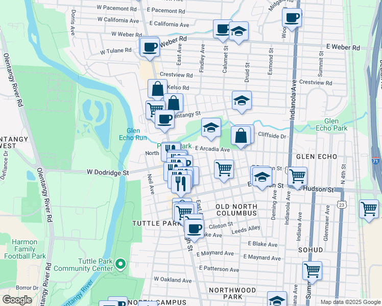 map of restaurants, bars, coffee shops, grocery stores, and more near 64 East Dodridge Street in Columbus