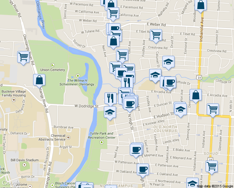 map of restaurants, bars, coffee shops, grocery stores, and more near 39 North Street in Columbus