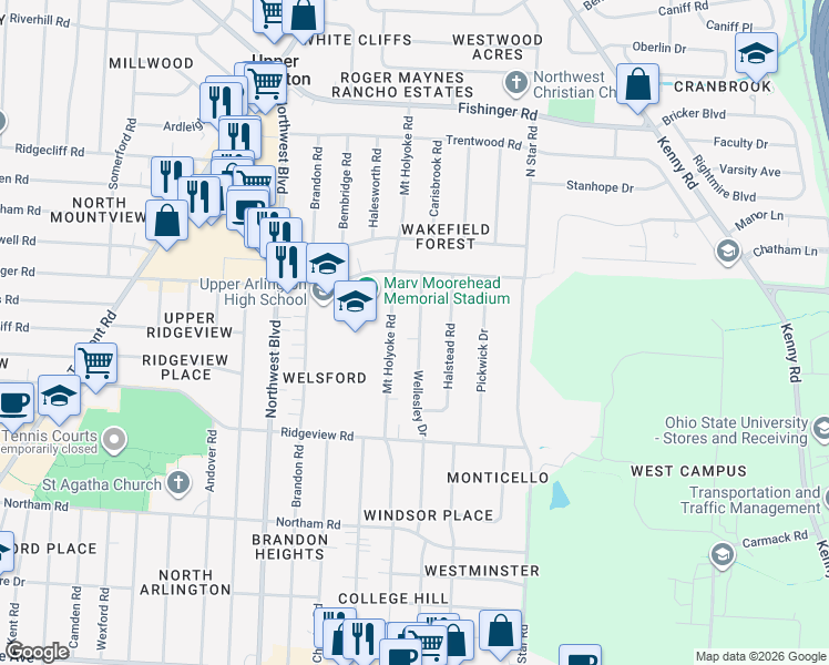 map of restaurants, bars, coffee shops, grocery stores, and more near 2903 Wellesley Drive in Columbus