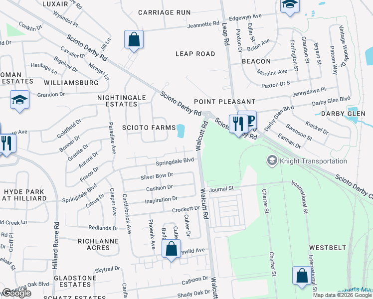 map of restaurants, bars, coffee shops, grocery stores, and more near 4855 Stoneybrook Boulevard in Hilliard