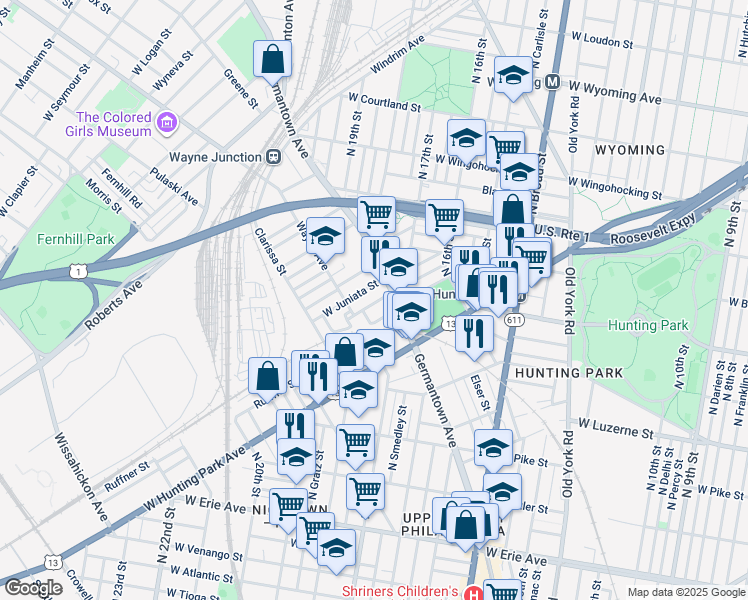 map of restaurants, bars, coffee shops, grocery stores, and more near 1713 Dounton Street in Philadelphia