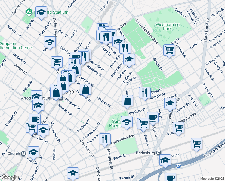 map of restaurants, bars, coffee shops, grocery stores, and more near 4931 Mulberry Street in Philadelphia