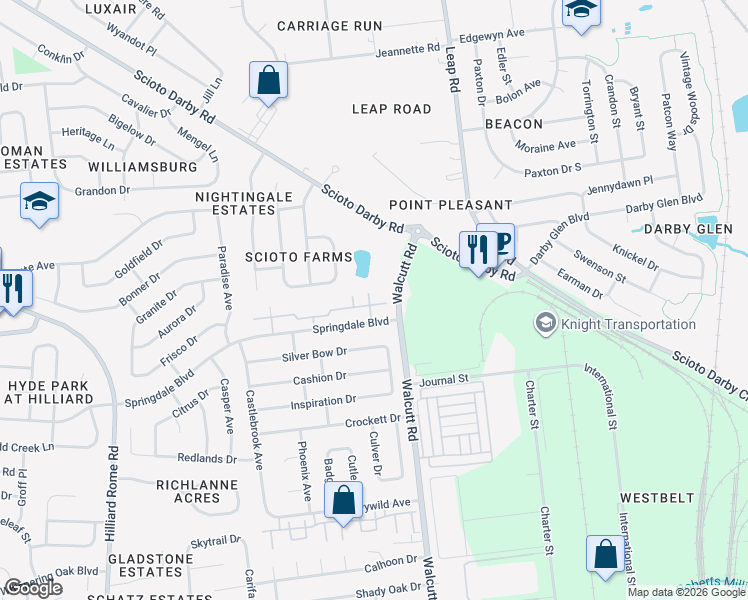 map of restaurants, bars, coffee shops, grocery stores, and more near 4855 Stoneybrook Boulevard in Hilliard
