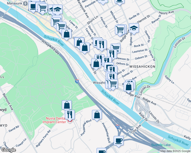 map of restaurants, bars, coffee shops, grocery stores, and more near 3750 Main Street in Philadelphia