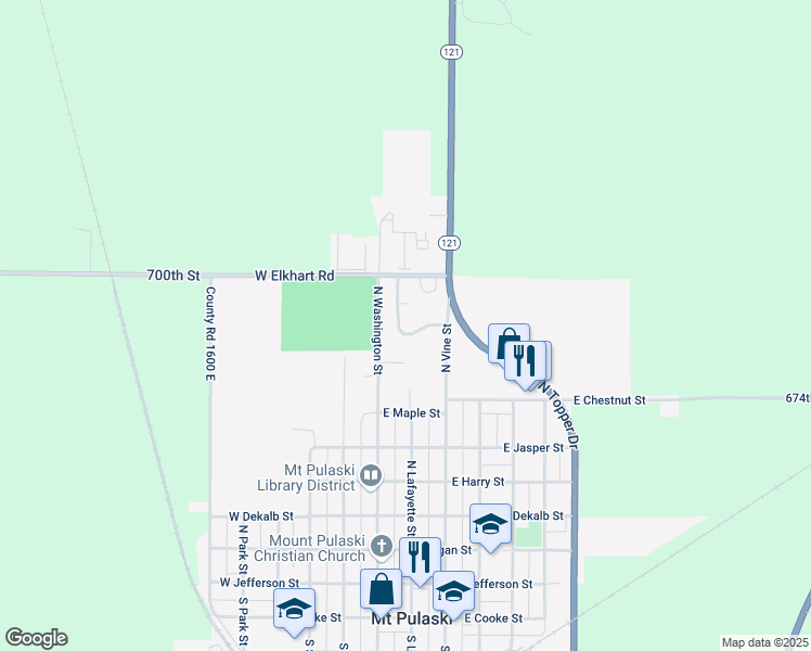 map of restaurants, bars, coffee shops, grocery stores, and more near 812 North Flora Avenue in Mount Pulaski