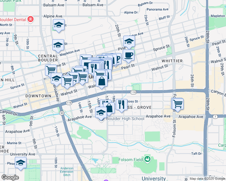 map of restaurants, bars, coffee shops, grocery stores, and more near 1802 Canyon Boulevard in Boulder