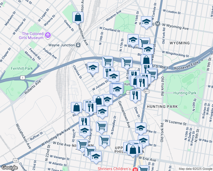 map of restaurants, bars, coffee shops, grocery stores, and more near 1713 Dounton Street in Philadelphia