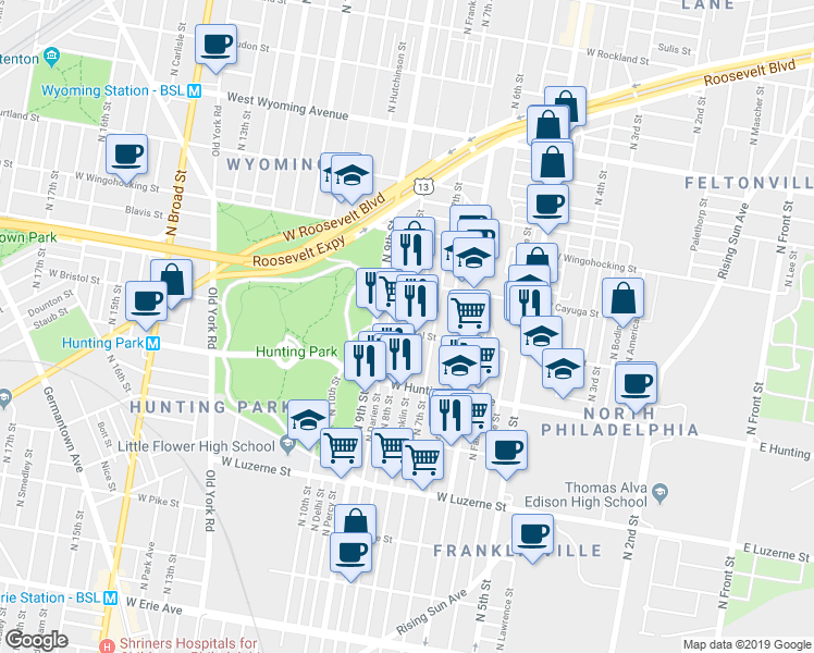 map of restaurants, bars, coffee shops, grocery stores, and more near 4305 North 8th Street in Philadelphia