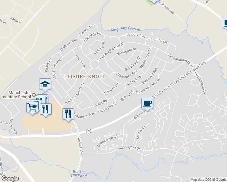 map of restaurants, bars, coffee shops, grocery stores, and more near 9 Frilham Lane in Manchester Township