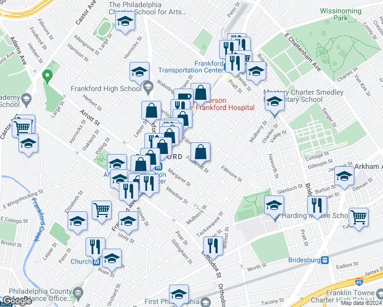 map of restaurants, bars, coffee shops, grocery stores, and more near 4815 Darrah Street in Philadelphia