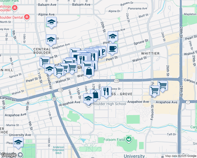 map of restaurants, bars, coffee shops, grocery stores, and more near 1733 Canyon Boulevard in Boulder