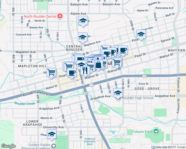 map of restaurants, bars, coffee shops, grocery stores, and more near in Boulder