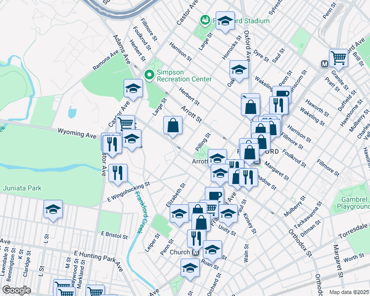 map of restaurants, bars, coffee shops, grocery stores, and more near 1301 Orthodox Street in Philadelphia