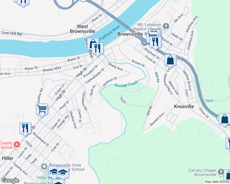 map of restaurants, bars, coffee shops, grocery stores, and more near 233 Brown Street in Brownsville