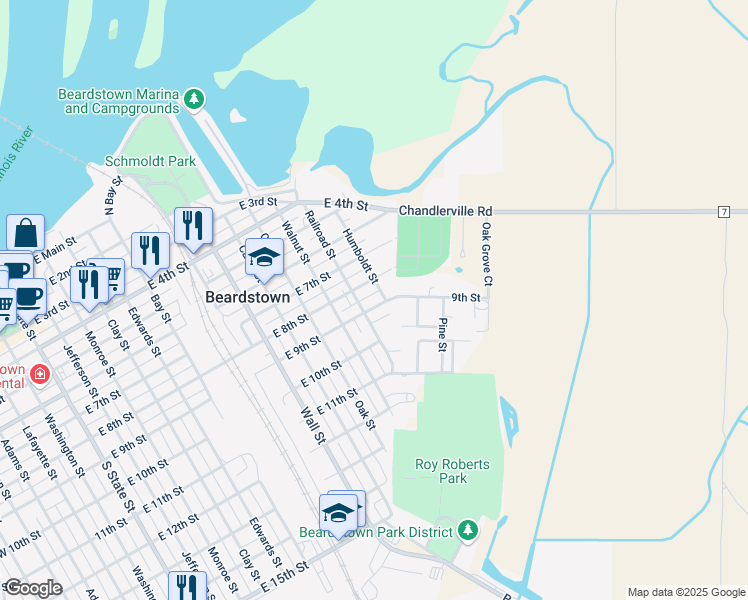 map of restaurants, bars, coffee shops, grocery stores, and more near 1300-1398 East 9th Street in Beardstown