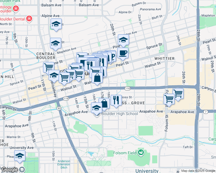 map of restaurants, bars, coffee shops, grocery stores, and more near 1733 Canyon Boulevard in Boulder