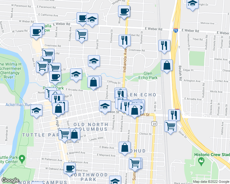 map of restaurants, bars, coffee shops, grocery stores, and more near Arcadia Ave & Deming Ave in Columbus