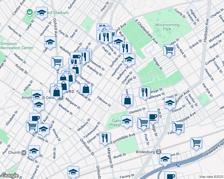 map of restaurants, bars, coffee shops, grocery stores, and more near 4931 Mulberry Street in Philadelphia