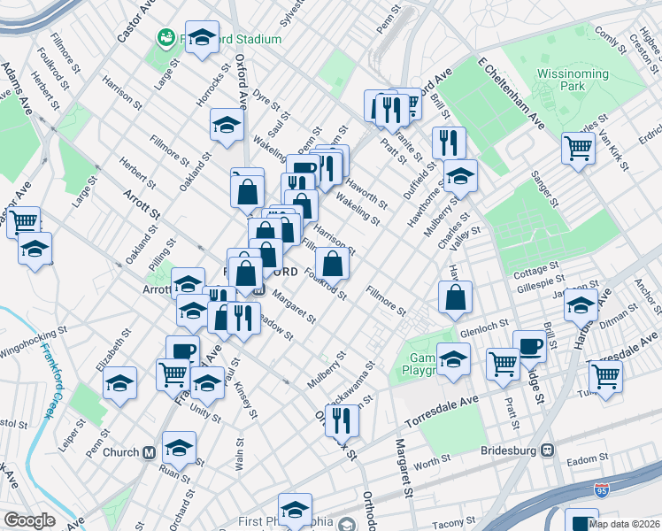 map of restaurants, bars, coffee shops, grocery stores, and more near 1663 Foulkrod Street in Philadelphia