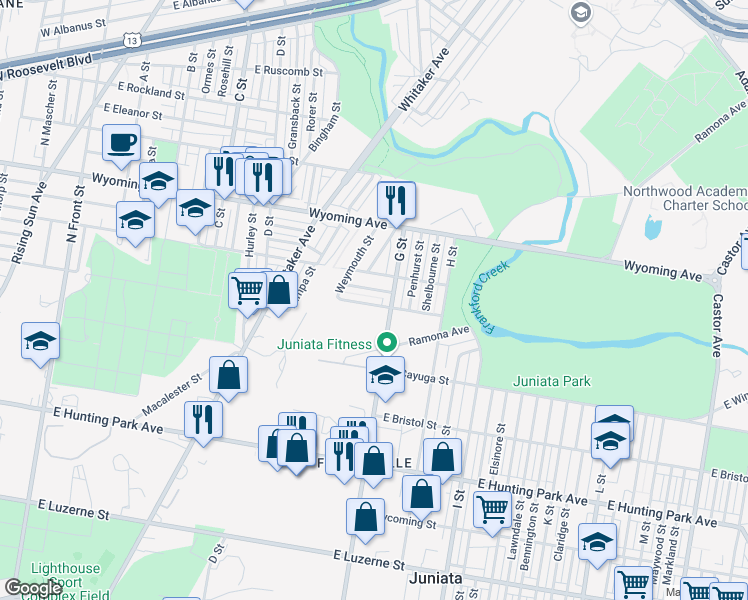 map of restaurants, bars, coffee shops, grocery stores, and more near 649 East Annsbury Street in Philadelphia