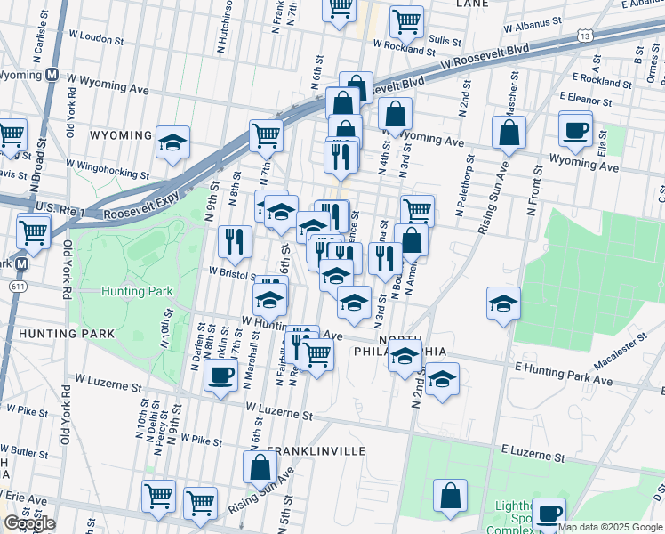map of restaurants, bars, coffee shops, grocery stores, and more near 4331 North 5th Street in Philadelphia