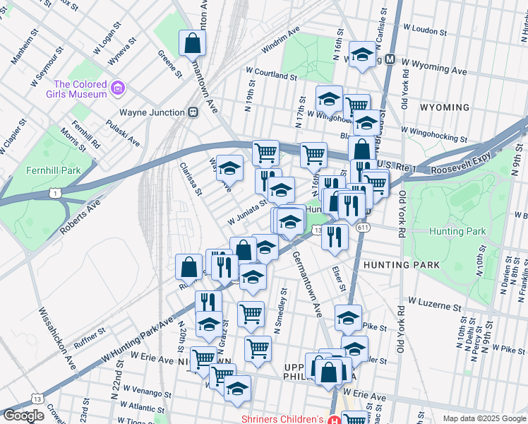 map of restaurants, bars, coffee shops, grocery stores, and more near 1711 Dounton Street in Philadelphia