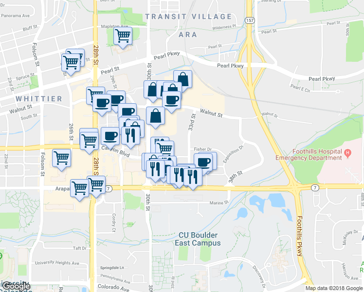 map of restaurants, bars, coffee shops, grocery stores, and more near 1805 33rd St in Boulder