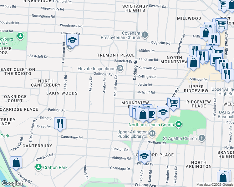 map of restaurants, bars, coffee shops, grocery stores, and more near 2214 Harwitch Road in Columbus