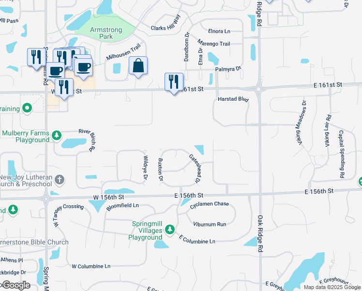 map of restaurants, bars, coffee shops, grocery stores, and more near 15865 Gateshead Drive in Westfield