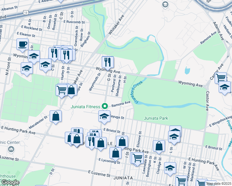 map of restaurants, bars, coffee shops, grocery stores, and more near 4578 Shelbourne Street in Philadelphia