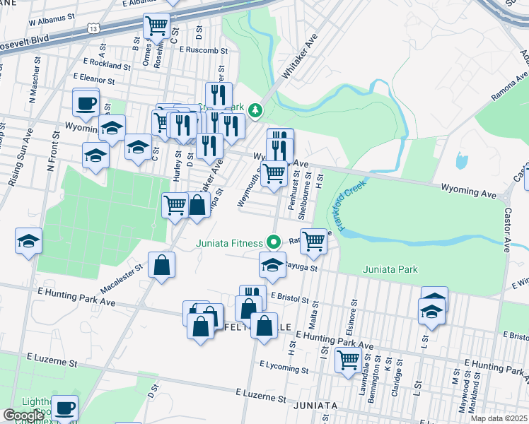 map of restaurants, bars, coffee shops, grocery stores, and more near 649 East Annsbury Street in Philadelphia