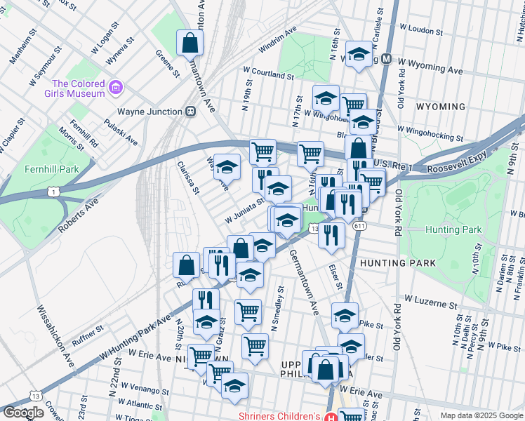 map of restaurants, bars, coffee shops, grocery stores, and more near 1709 Dounton Street in Philadelphia