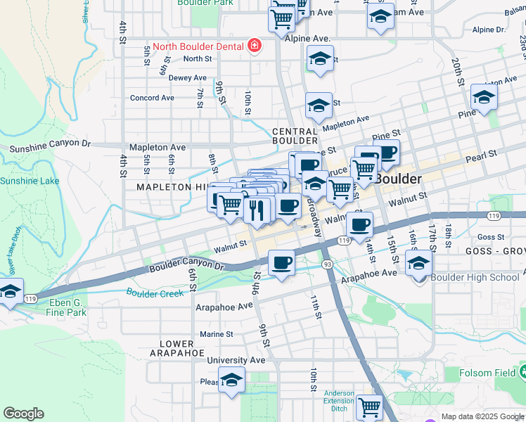 map of restaurants, bars, coffee shops, grocery stores, and more near 908 Pearl Street in Boulder