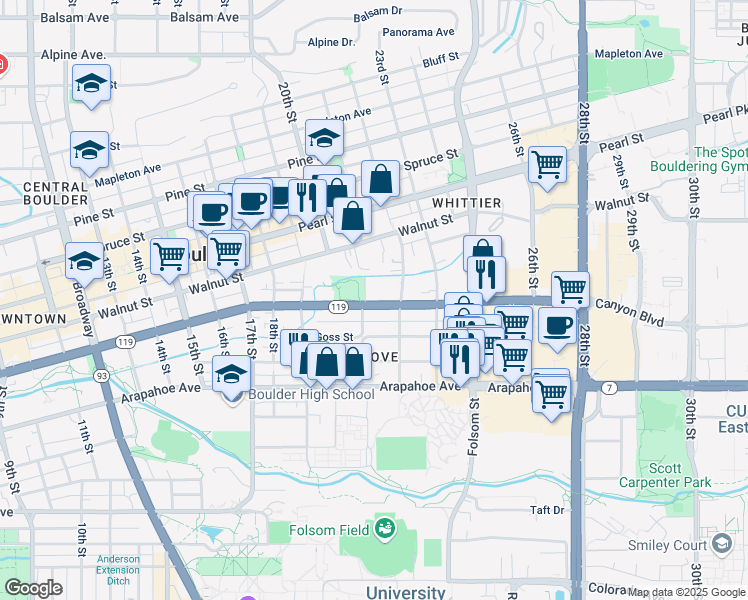 map of restaurants, bars, coffee shops, grocery stores, and more near 2121 Canyon Boulevard in Boulder
