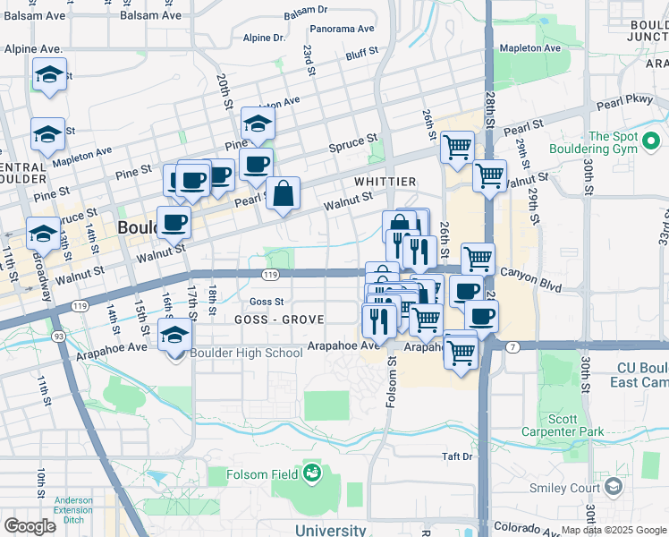 map of restaurants, bars, coffee shops, grocery stores, and more near 2228 Canyon Boulevard in Boulder