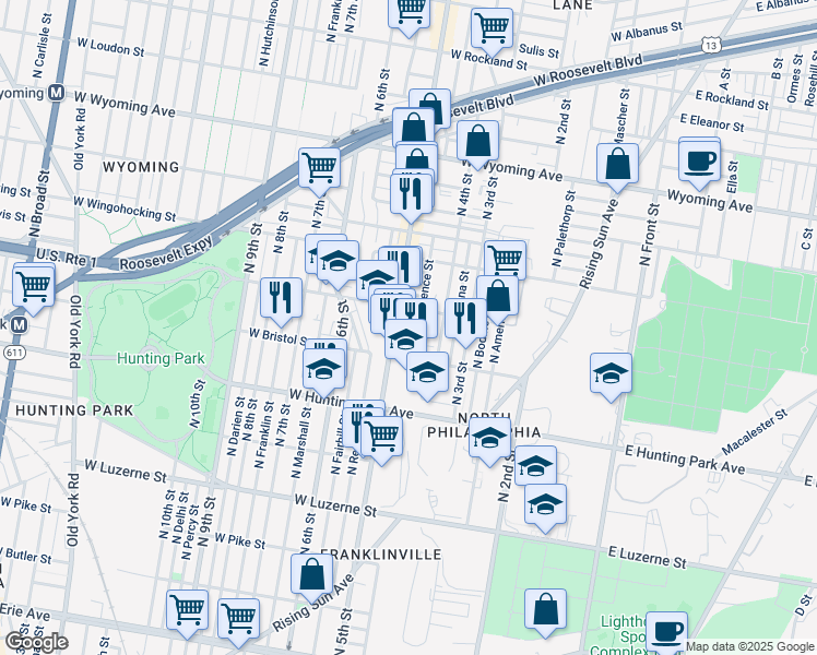 map of restaurants, bars, coffee shops, grocery stores, and more near 440 Saint Luke Street in Philadelphia